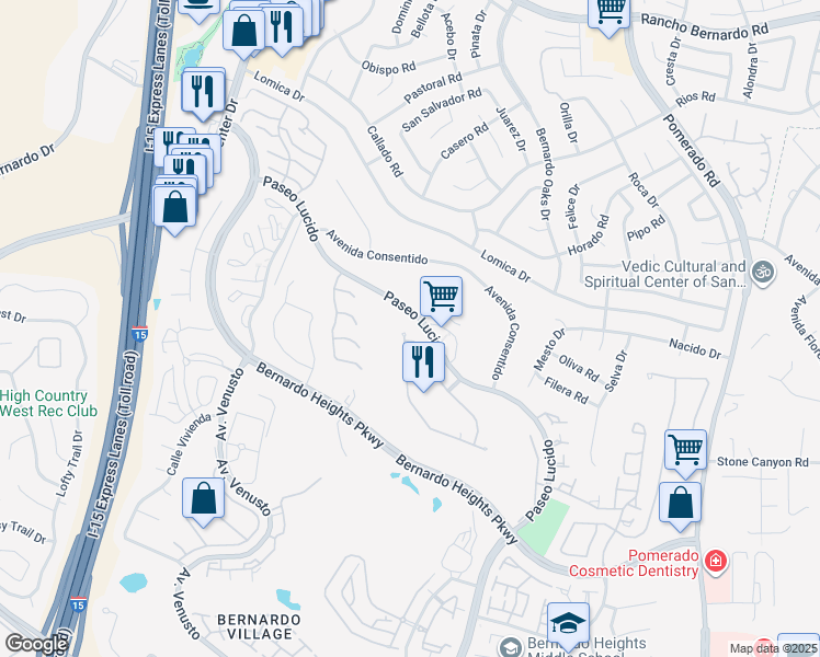 map of restaurants, bars, coffee shops, grocery stores, and more near 12206 Fairway Pointe Row in San Diego