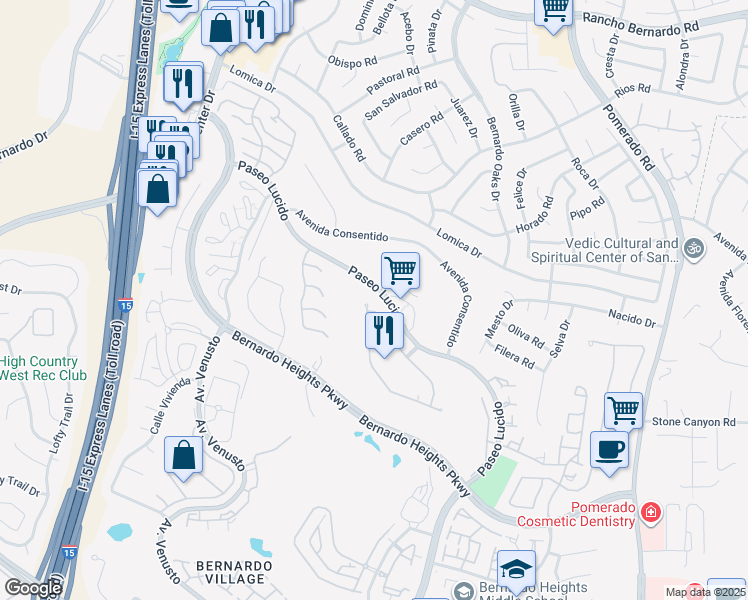 map of restaurants, bars, coffee shops, grocery stores, and more near 12206 Fairway Pointe Row in San Diego
