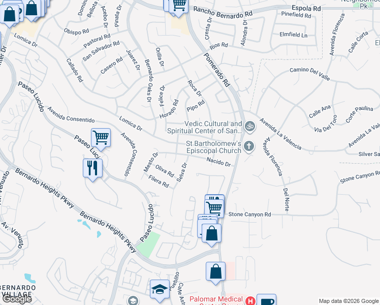 map of restaurants, bars, coffee shops, grocery stores, and more near 12496 Lomica Drive in San Diego