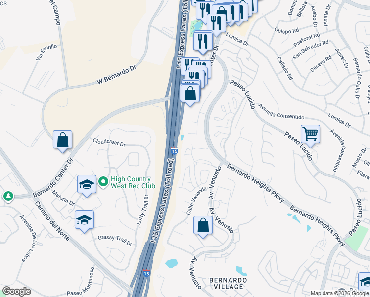 map of restaurants, bars, coffee shops, grocery stores, and more near 11705 Corte Sosegado in San Diego