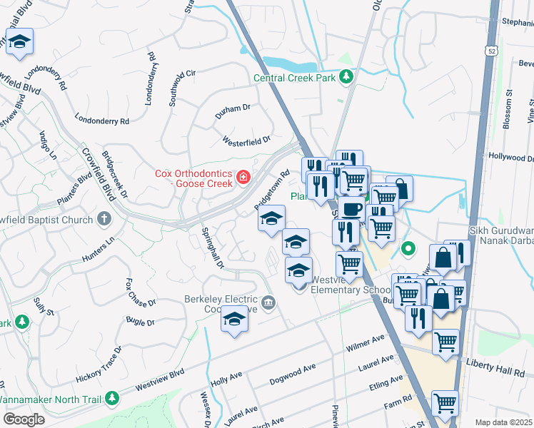 map of restaurants, bars, coffee shops, grocery stores, and more near 95 Bridgetown Road in Goose Creek