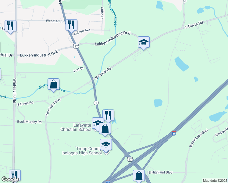 map of restaurants, bars, coffee shops, grocery stores, and more near 2107 South Davis Road in LaGrange