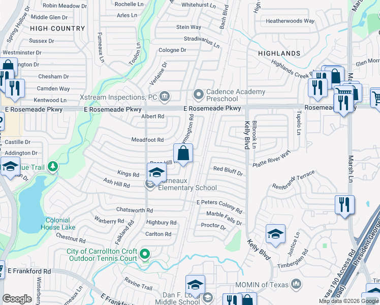map of restaurants, bars, coffee shops, grocery stores, and more near 2100 Courtland Circle in Carrollton
