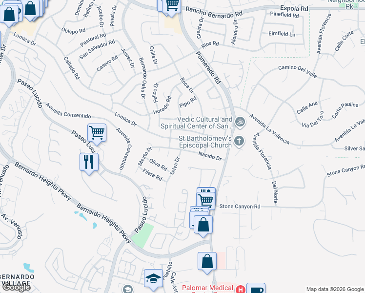 map of restaurants, bars, coffee shops, grocery stores, and more near 12496 Lomica Drive in San Diego