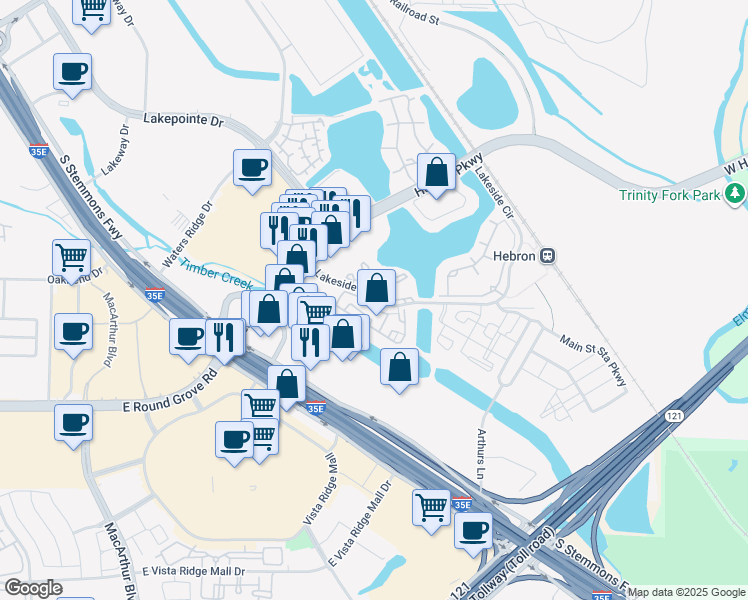 map of restaurants, bars, coffee shops, grocery stores, and more near 805 Lakeside Cir in Lewisville