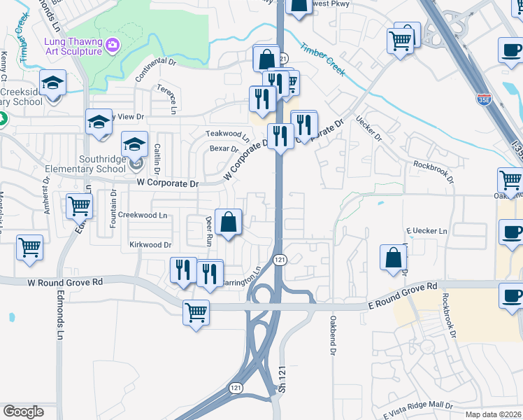 map of restaurants, bars, coffee shops, grocery stores, and more near 2241 South State Highway 121 in Lewisville