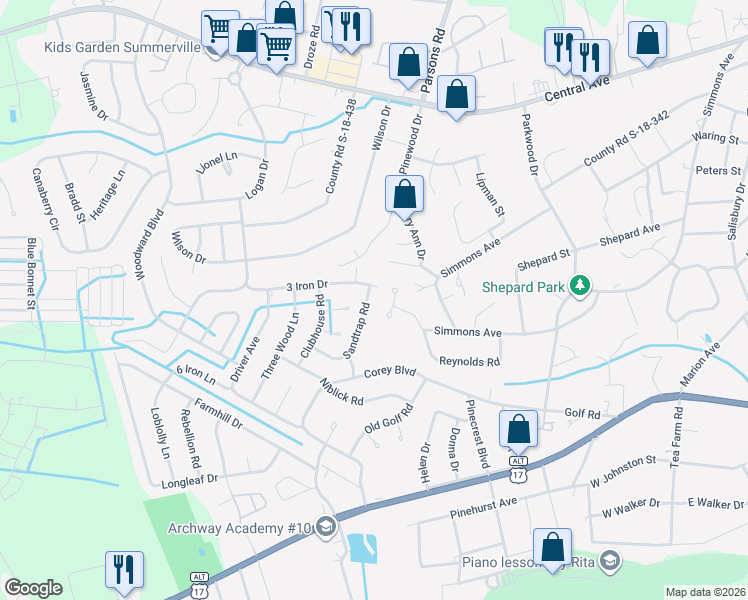 map of restaurants, bars, coffee shops, grocery stores, and more near 128 Sandtrap Road in Summerville