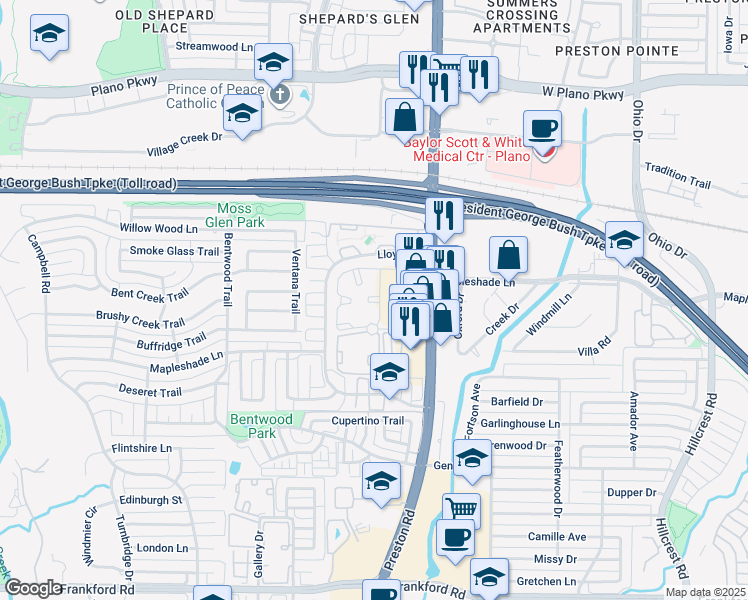 map of restaurants, bars, coffee shops, grocery stores, and more near 19251 Preston Road in Dallas