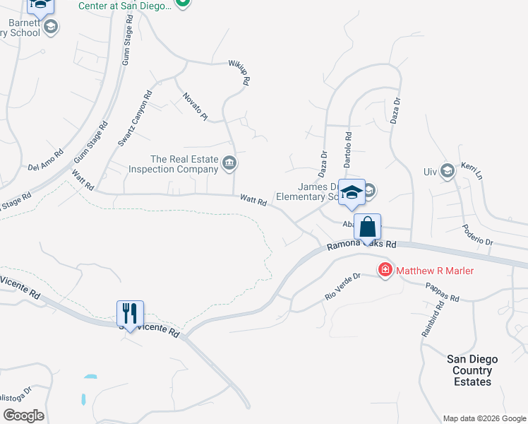map of restaurants, bars, coffee shops, grocery stores, and more near 24636 Watt Road in Ramona