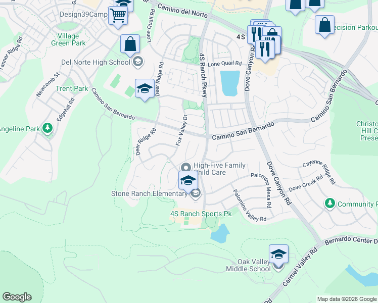 map of restaurants, bars, coffee shops, grocery stores, and more near 16367 Pinto Ridge Court in San Diego