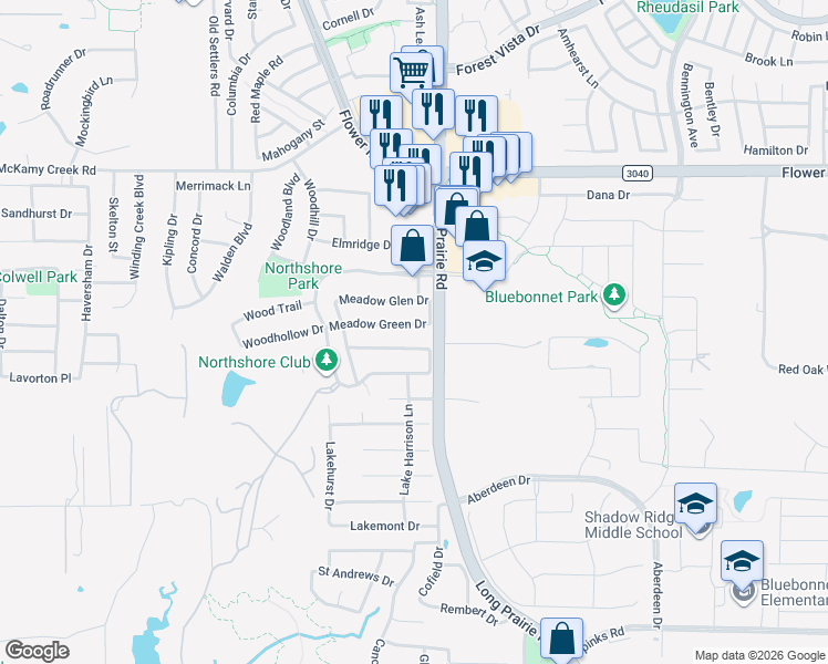 map of restaurants, bars, coffee shops, grocery stores, and more near 2800 Meadow Green Drive in Flower Mound