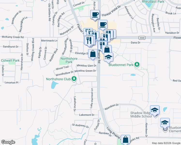 map of restaurants, bars, coffee shops, grocery stores, and more near 2800 Meadow Green Drive in Flower Mound