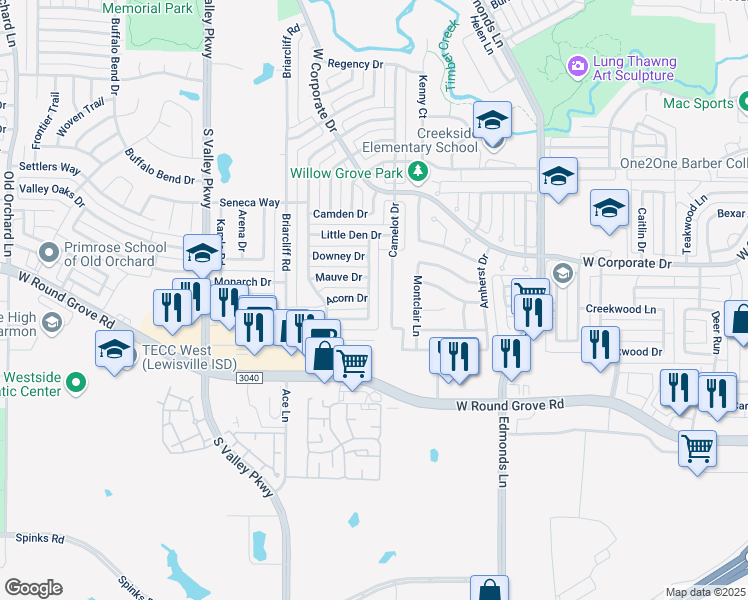 map of restaurants, bars, coffee shops, grocery stores, and more near 981 Acorn Drive in Lewisville