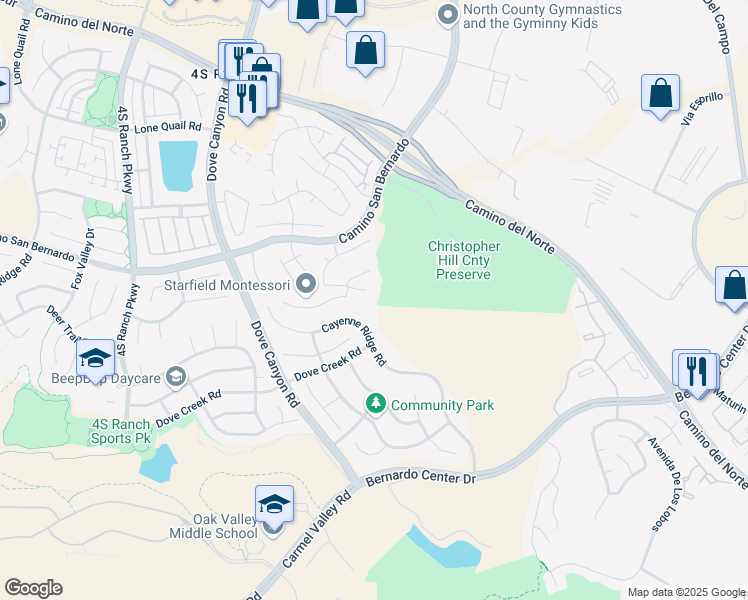 map of restaurants, bars, coffee shops, grocery stores, and more near 10787 Santa Tomasa Avenue in San Diego