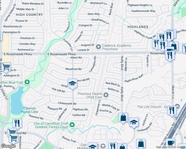 map of restaurants, bars, coffee shops, grocery stores, and more near 2100 Courtland Circle in Carrollton
