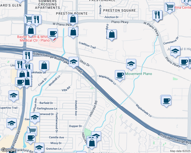 map of restaurants, bars, coffee shops, grocery stores, and more near 6696 Mapleshade Lane in Dallas