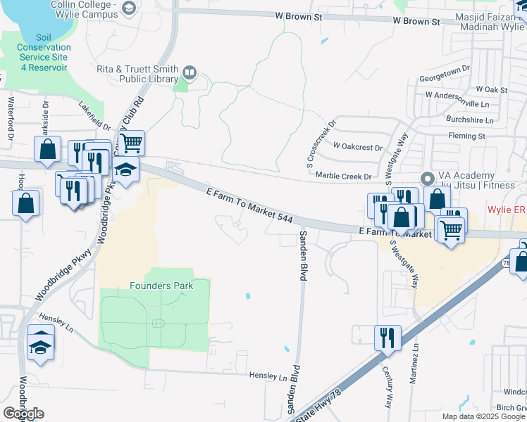 map of restaurants, bars, coffee shops, grocery stores, and more near 2102 Farm to Market Road 544 in Wylie