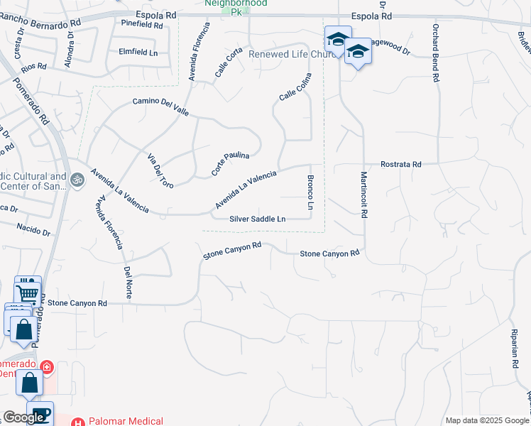 map of restaurants, bars, coffee shops, grocery stores, and more near 16410 Silver Saddle Court in Poway