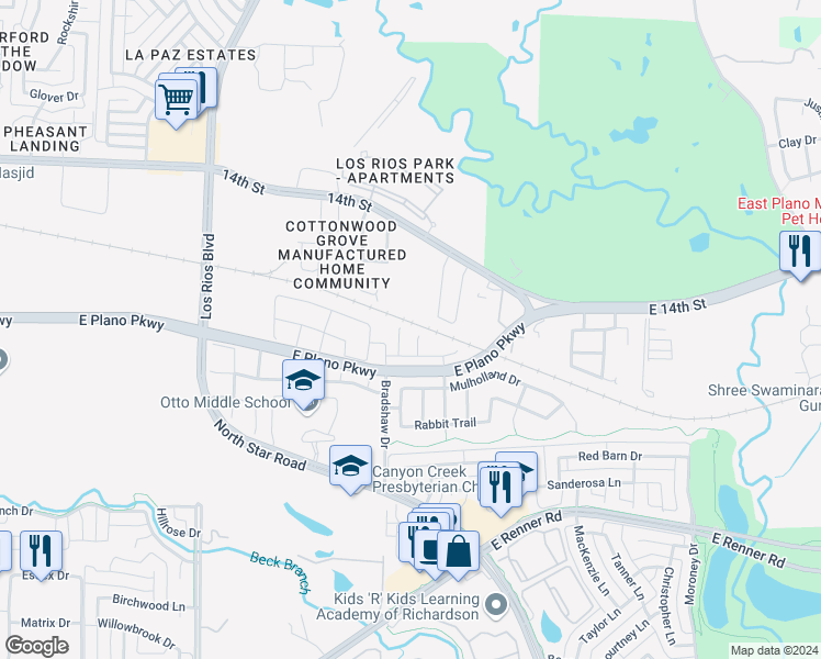 map of restaurants, bars, coffee shops, grocery stores, and more near 936 Brookville Court in Plano