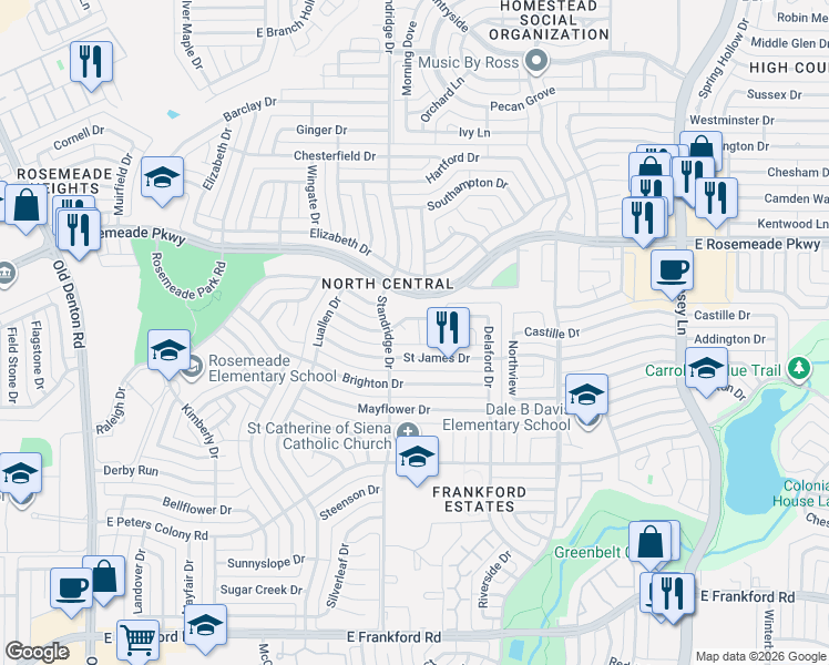 map of restaurants, bars, coffee shops, grocery stores, and more near 1710 Delaford Place in Carrollton