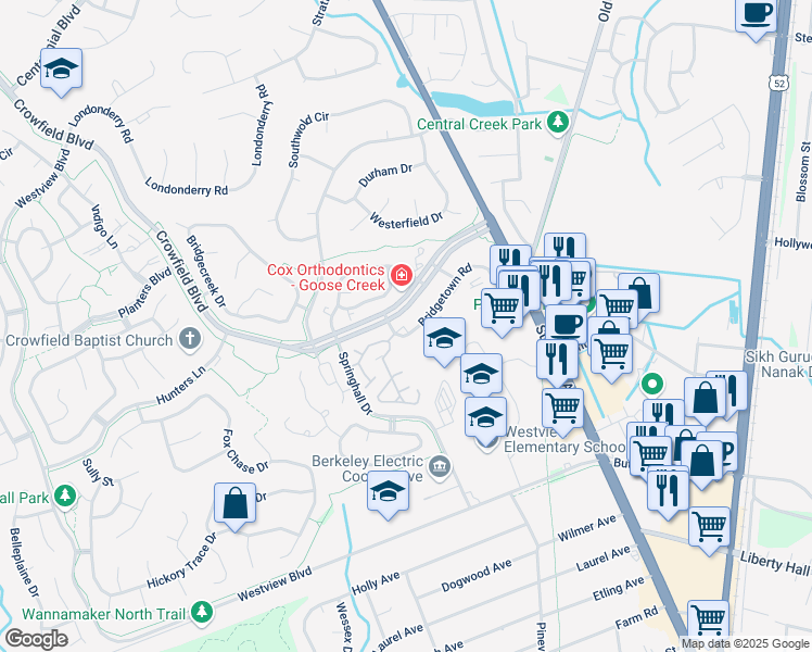 map of restaurants, bars, coffee shops, grocery stores, and more near 100 Bridgetown Road in Goose Creek