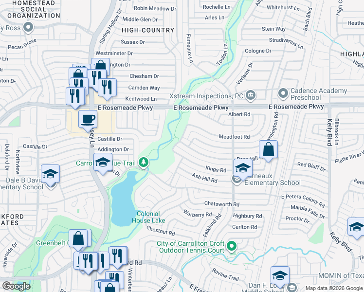 map of restaurants, bars, coffee shops, grocery stores, and more near 2001 Rose Hill Road in Carrollton