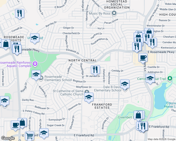 map of restaurants, bars, coffee shops, grocery stores, and more near 1710 Delaford Place in Carrollton