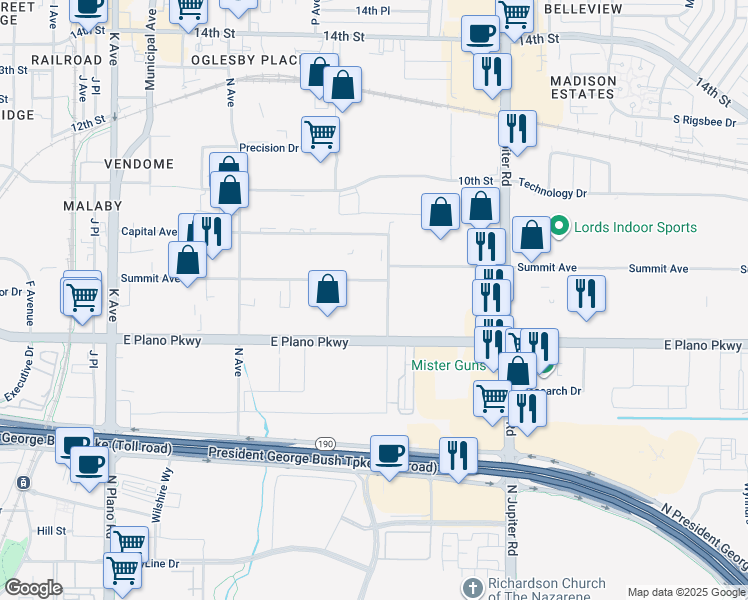 map of restaurants, bars, coffee shops, grocery stores, and more near 1700 Summit Avenue in Plano