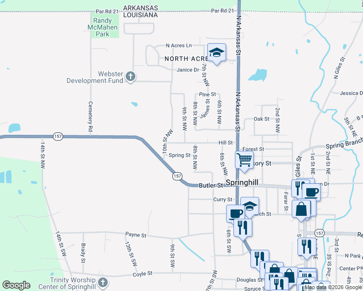 map of restaurants, bars, coffee shops, grocery stores, and more near 810 Hill Street in Springhill