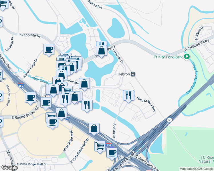 map of restaurants, bars, coffee shops, grocery stores, and more near 11 Lakeside Circle in Lewisville