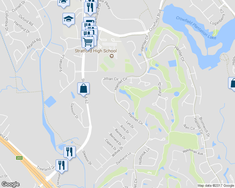 map of restaurants, bars, coffee shops, grocery stores, and more near 201 Hamlet Circle in Goose Creek