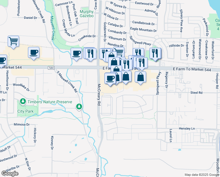 map of restaurants, bars, coffee shops, grocery stores, and more near 3440 West Farm to Market 544 in Wylie
