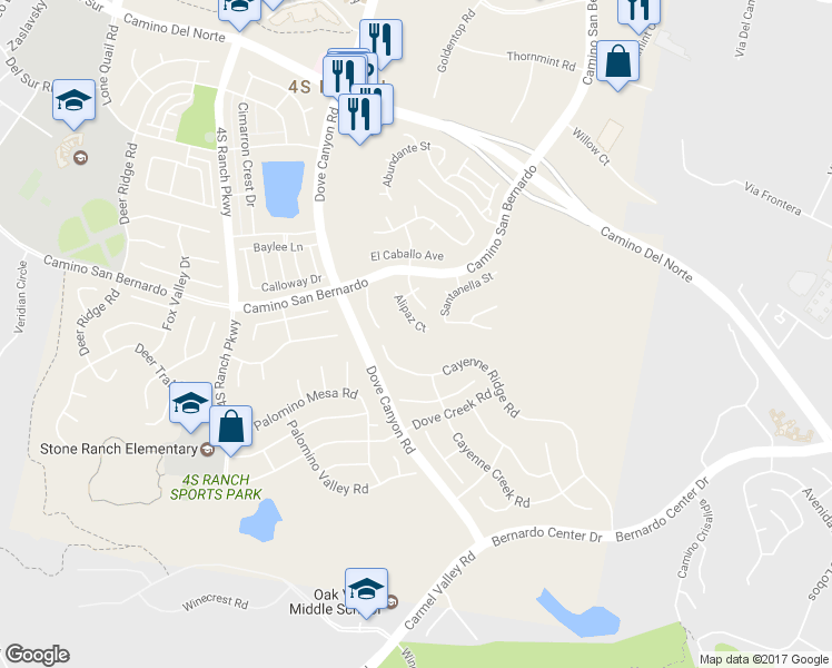 map of restaurants, bars, coffee shops, grocery stores, and more near 16327 Alipaz Court in San Diego