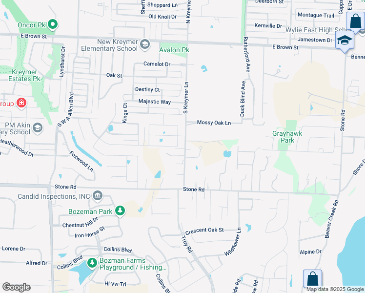 map of restaurants, bars, coffee shops, grocery stores, and more near 1030 South Kreymer Lane in Wylie