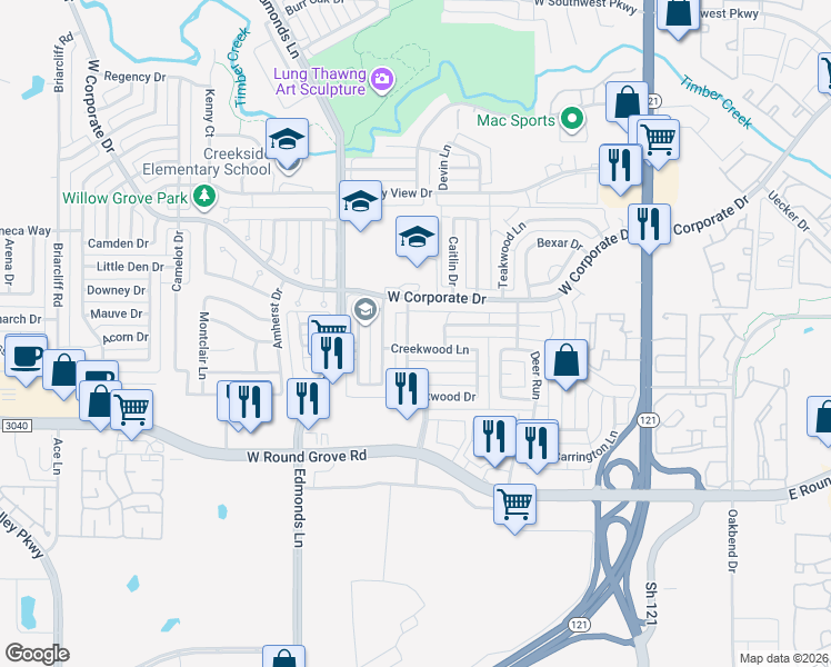 map of restaurants, bars, coffee shops, grocery stores, and more near 2405 Forestmeadow Drive in Lewisville