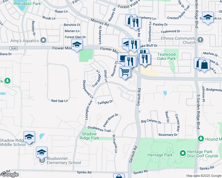 map of restaurants, bars, coffee shops, grocery stores, and more near 1712 Strait Lane in Flower Mound