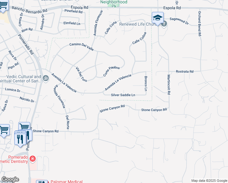 map of restaurants, bars, coffee shops, grocery stores, and more near 13115 Avenida La Valencia in Poway