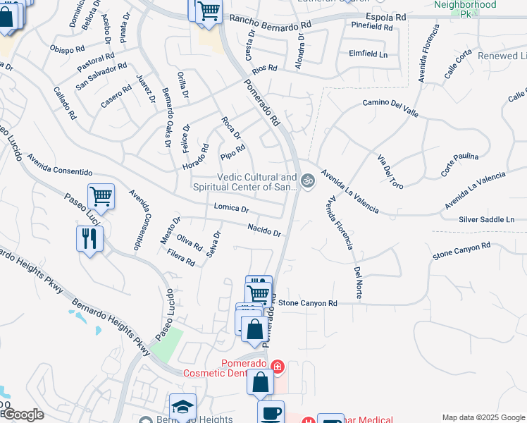 map of restaurants, bars, coffee shops, grocery stores, and more near 12578 Lomica Dr in San Diego