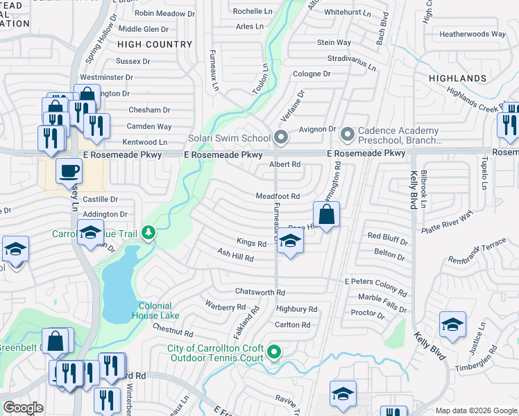 map of restaurants, bars, coffee shops, grocery stores, and more near 2027 Lymington Road in Carrollton
