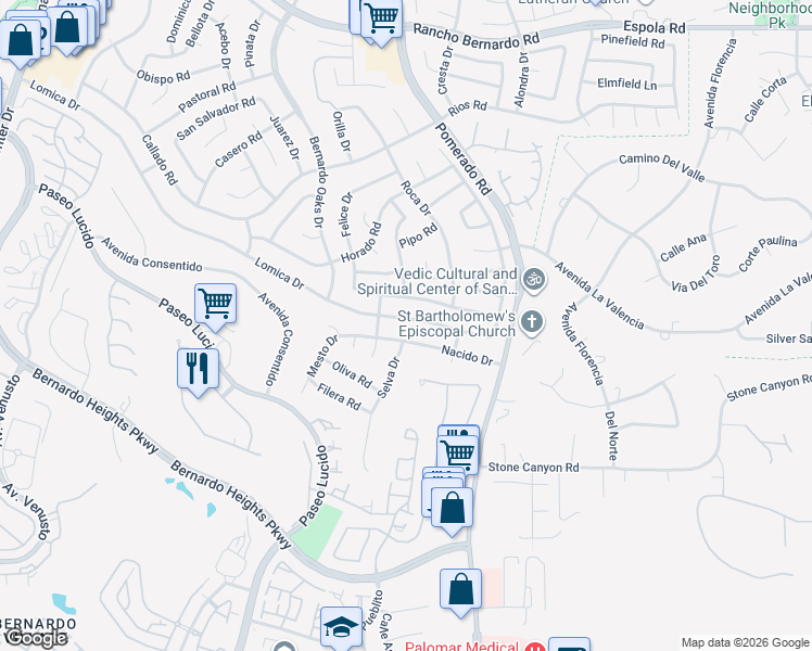 map of restaurants, bars, coffee shops, grocery stores, and more near 12496 Lomica Drive in San Diego
