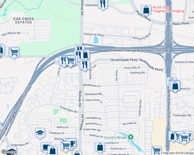 map of restaurants, bars, coffee shops, grocery stores, and more near 18939 Ravenglen Court in Dallas