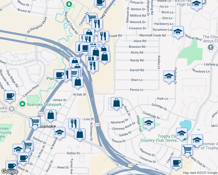 map of restaurants, bars, coffee shops, grocery stores, and more near 601 Howe Road in Roanoke