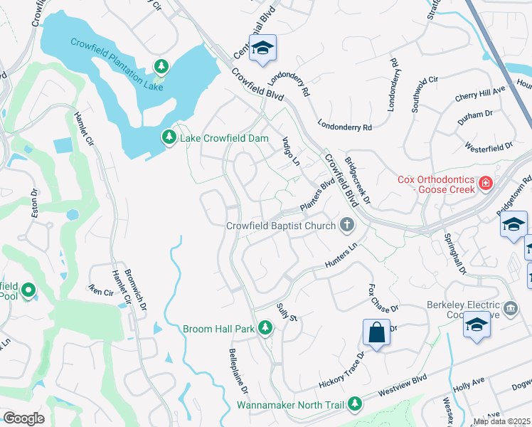 map of restaurants, bars, coffee shops, grocery stores, and more near 107 Blenheim Court in Goose Creek