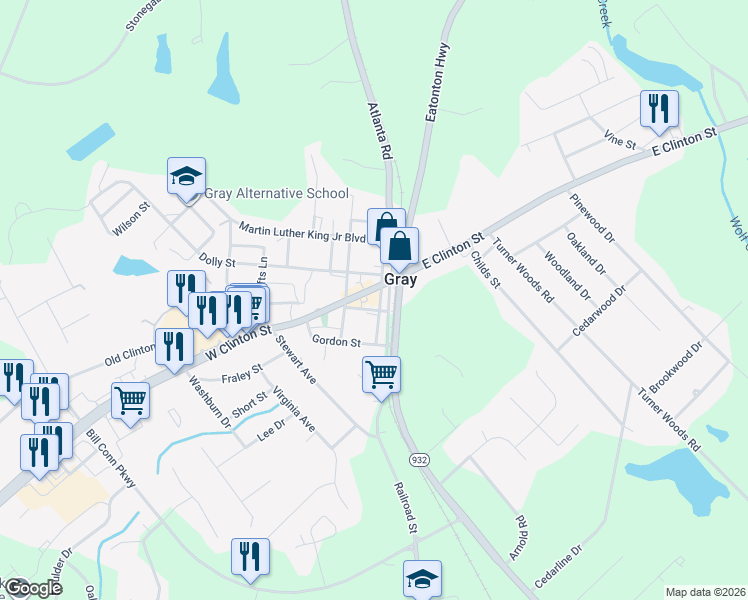 map of restaurants, bars, coffee shops, grocery stores, and more near 115 West Clinton Street in Gray