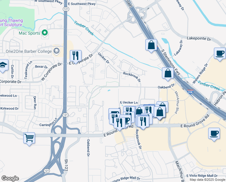 map of restaurants, bars, coffee shops, grocery stores, and more near 2276 South Uecker Drive in Lewisville