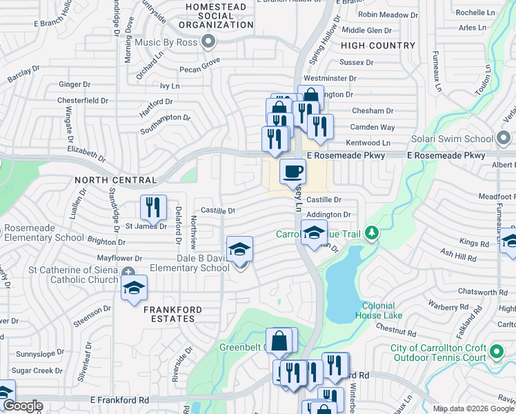 map of restaurants, bars, coffee shops, grocery stores, and more near 1820 Castille Drive in Carrollton