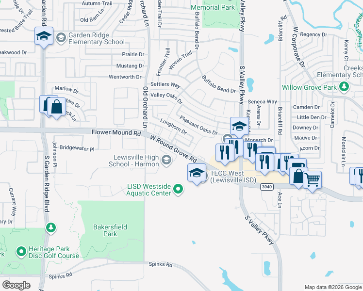 map of restaurants, bars, coffee shops, grocery stores, and more near 1212 Shady Elm Lane in Lewisville