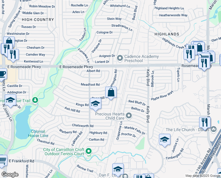 map of restaurants, bars, coffee shops, grocery stores, and more near 2100 Courtland Circle in Carrollton