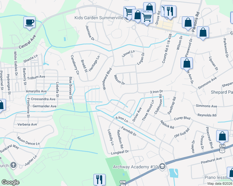 map of restaurants, bars, coffee shops, grocery stores, and more near 206 Miken Lane in Summerville