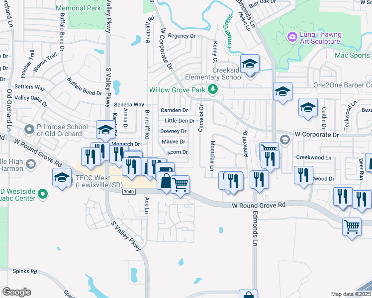 map of restaurants, bars, coffee shops, grocery stores, and more near 981 Acorn Dr in Lewisville
